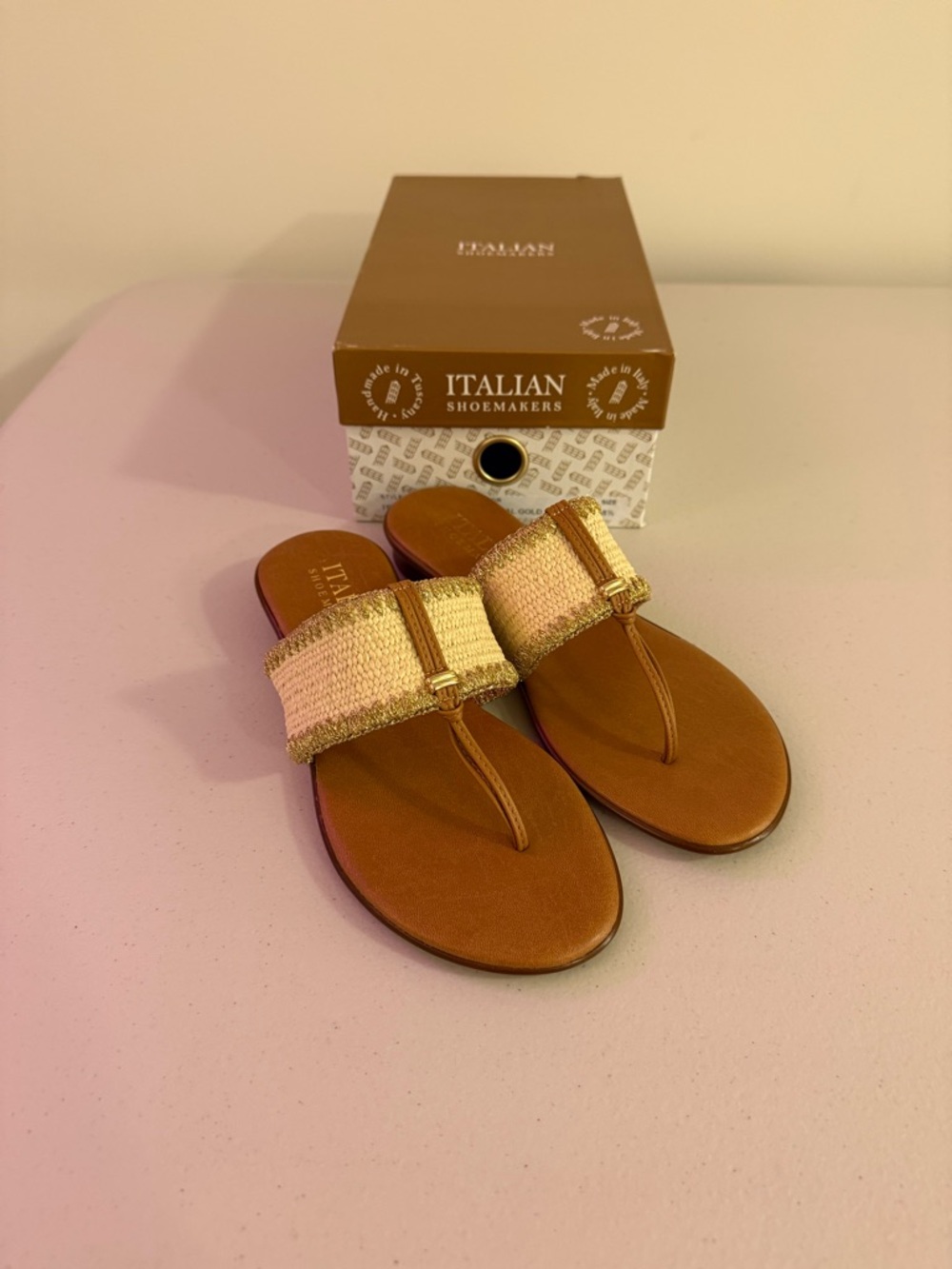 Italian Shoemakers Tan Footbed with Gold/Cream Woven Strap Sandals - Size 8.5
